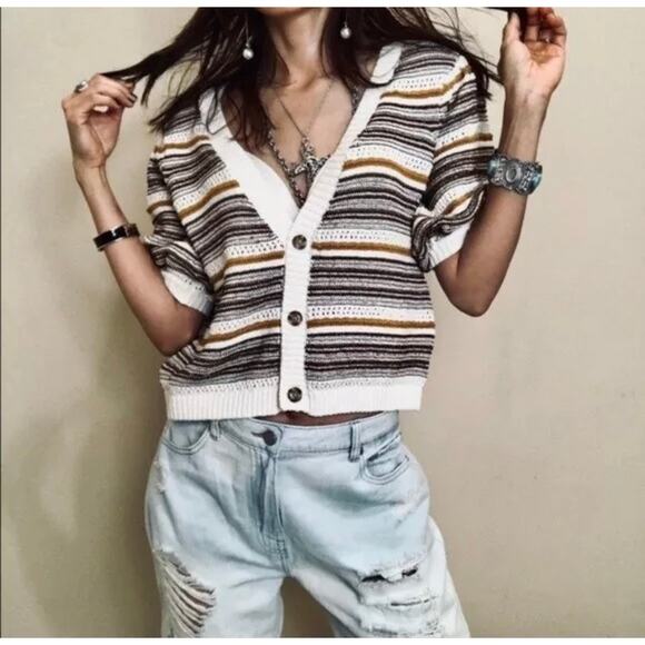 HOUSE OF HARLOW 1960 Crochet Knit striped puff sleeve Crop sweater Cardigan LRG - Picture 2 of 10